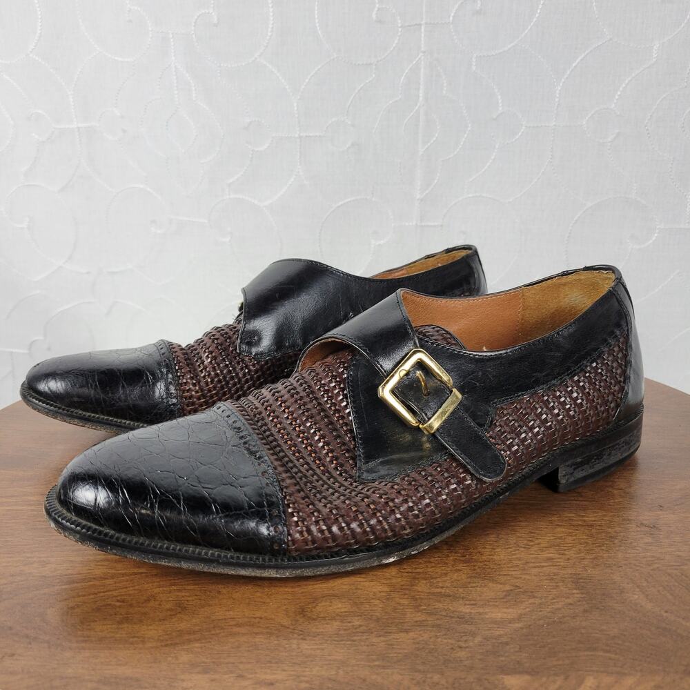 Brass Boot Mens Shoes 10 Brown Black Braided Leather Cap Toe Monk Strap Loafer